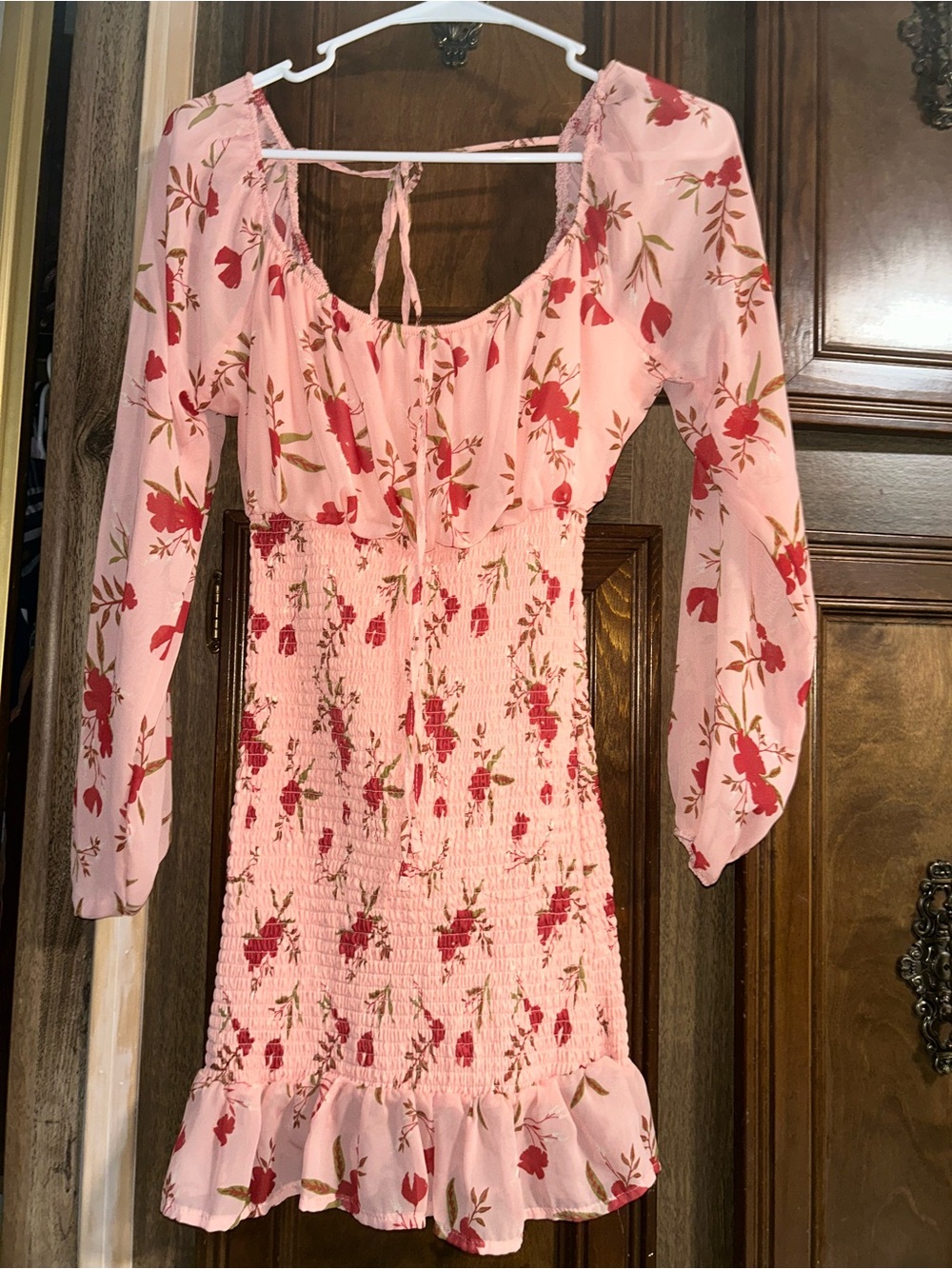 Pink Floral Smocked Mini Dress with Long Sleeves